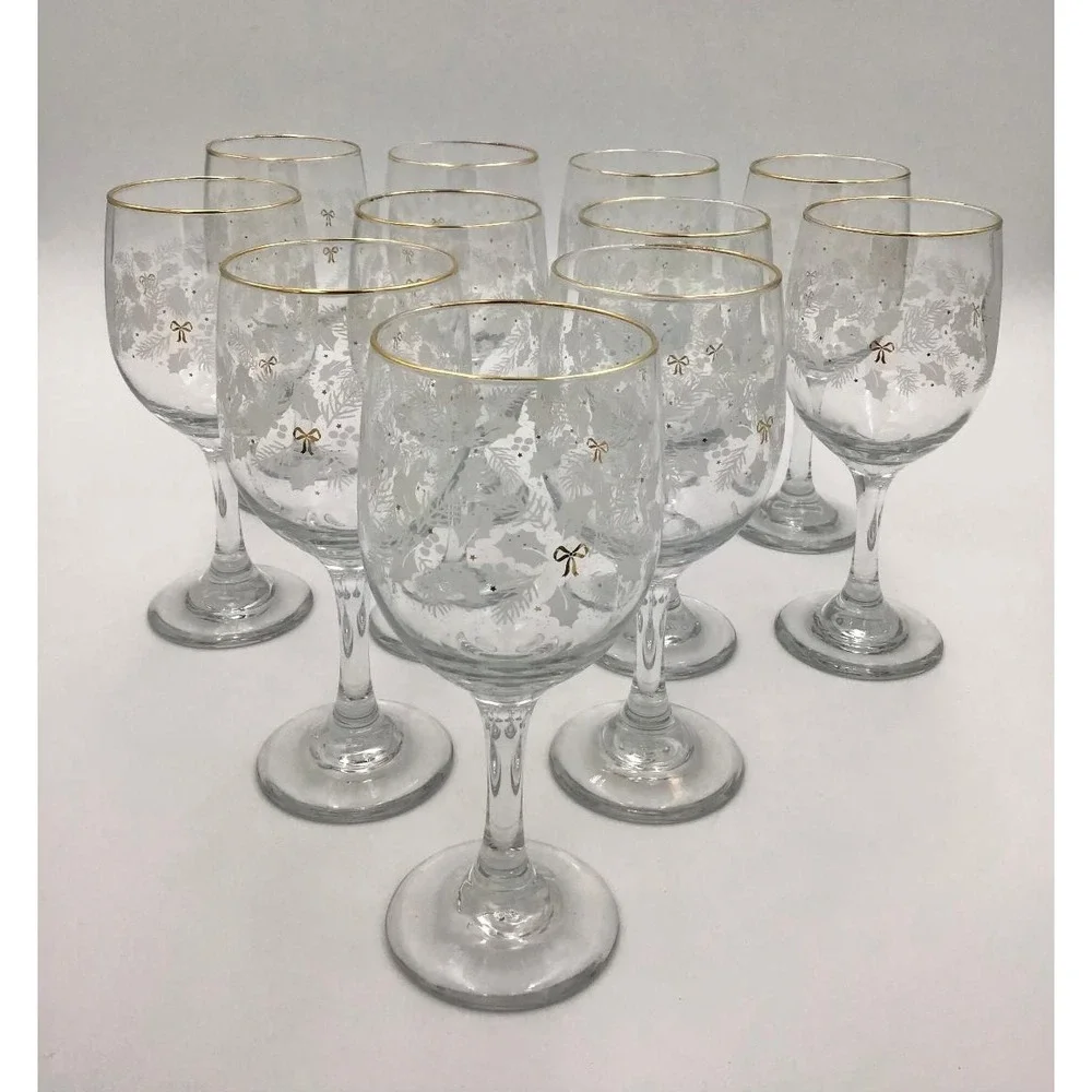 VTG (11) Libbey Arby's Christmas Holiday Wine Glasses Holly Berry Gold Rim 7